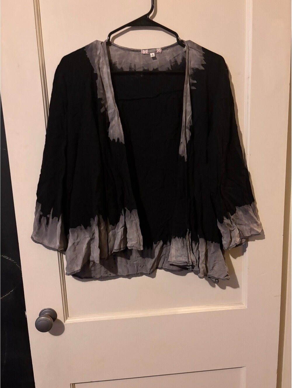 Black and gray sheer open front top